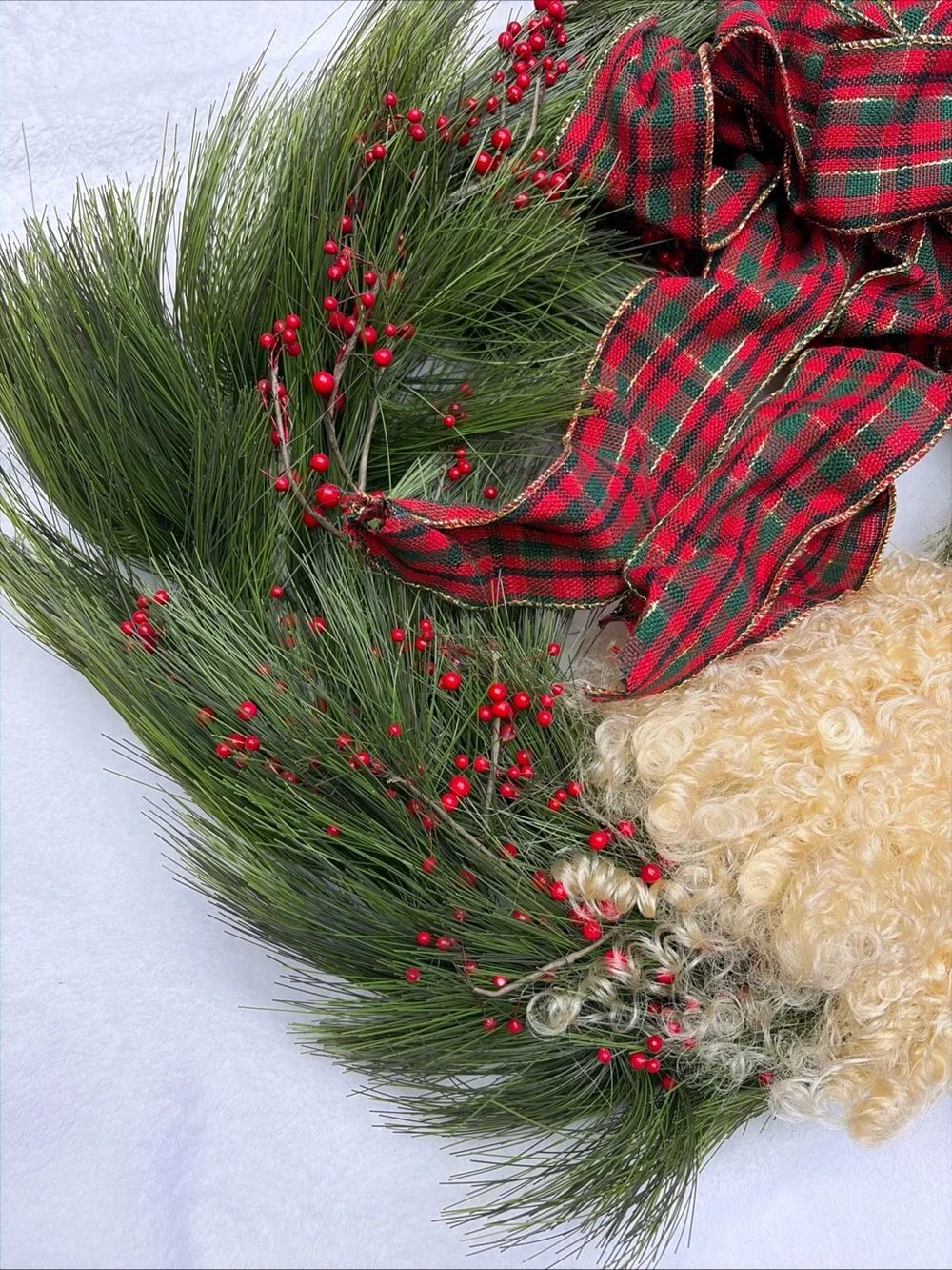 Vintage Holiday Pine Wreath with Red Plaid Bow and Santa Face